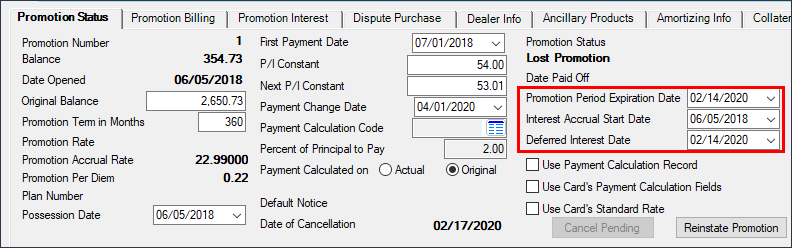 Loans > Cards and Promotions Screen > Promotion Status Tab