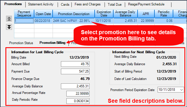 Loans > Cards and Promotions Screen > Promotion Billing Tab