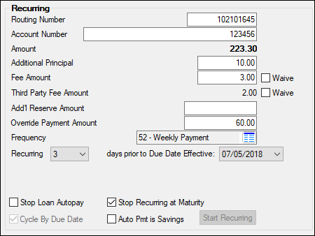 Loans > Account Information > Payment Information Screen > Loan Information Tab > Recurring Field Group