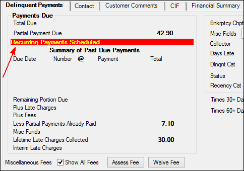 Loans > Marketing and Collections screen showing recurring payments message