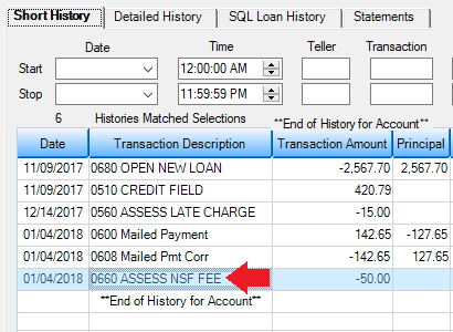 Loans > History Screen Showing NSF Fee