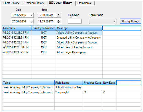 Loans > History Screen > SQL Loan History Tab