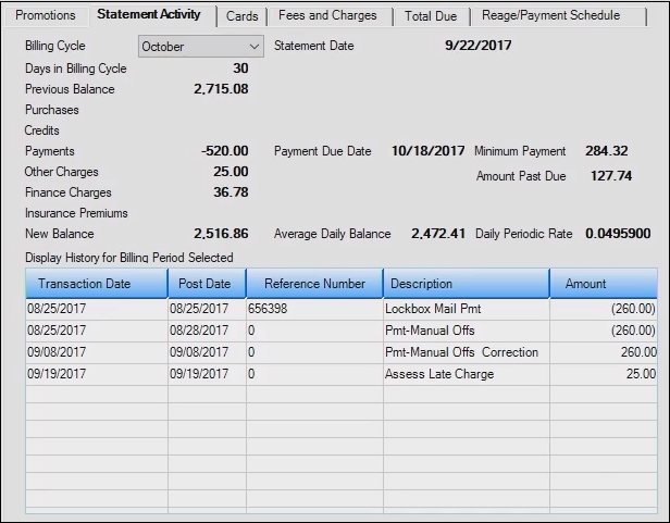 Loans > Cards and Promotions Screen, Statement Activity Tab