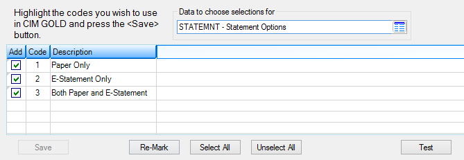 Loans > System Setup Screens > Client Code Setup > Statement Options Screen