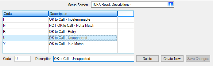 Loans > System Setup Screens > TCPA Result Descriptions Screen