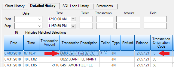 Loans > History Screen showing a tran code and TORC from EZPay