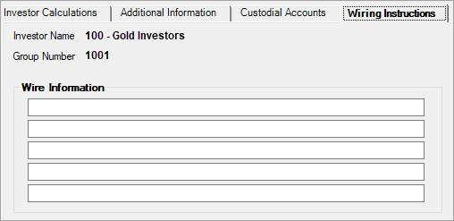 Loans > Investor Reporting > Investor Group Screen, Wiring Instructions Tab