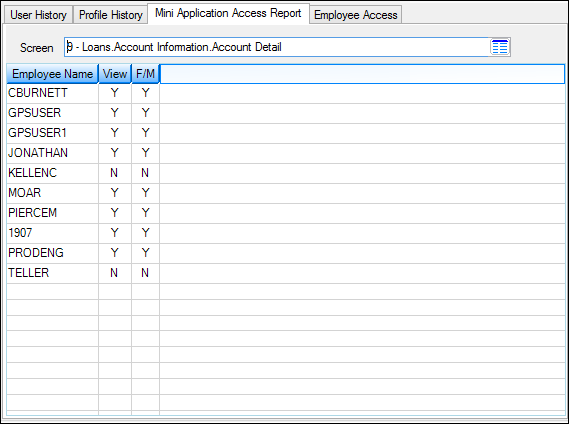 Miscellaneous > Security Reports Screen > Mini Application Access Report Tab