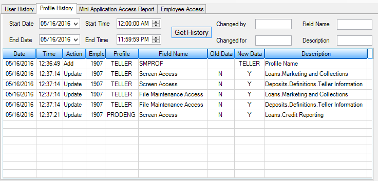 Miscellaneous > Security Reports Screen, Profile History Tab