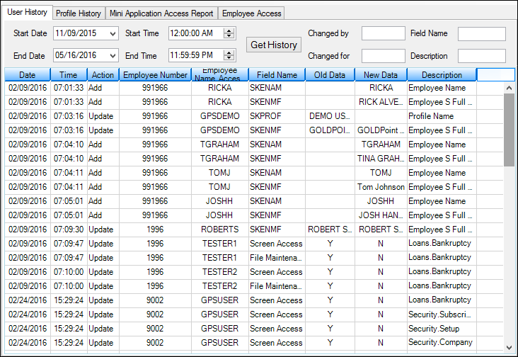 Miscellaneous > Security Reports Screen