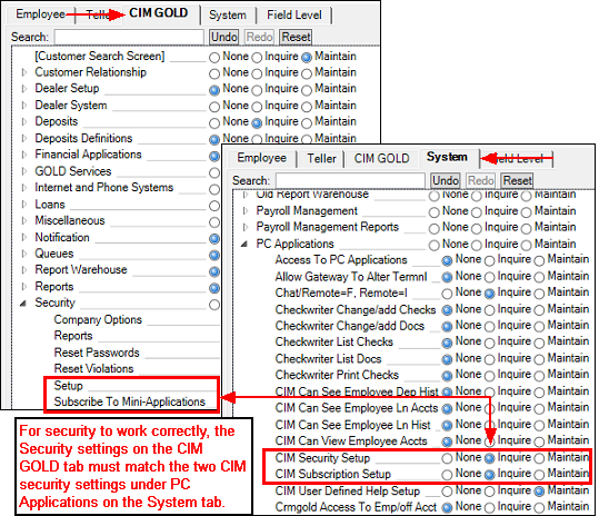 Security > Setup Screen > CIM GOLD Tab and System Tab