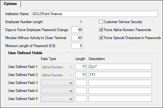 Security > Company Options Screen