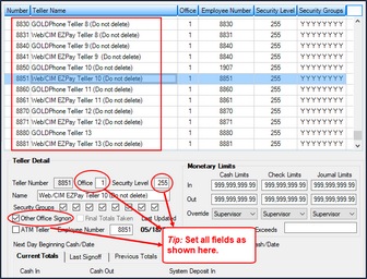 Deposits > Definitions > Teller Information Screen showing System Teller Setup (click to expand)