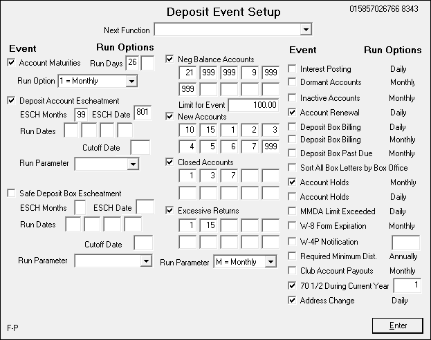 Deposit Event Setup Screen in GOLDVision (GOLD Services, then function 36)