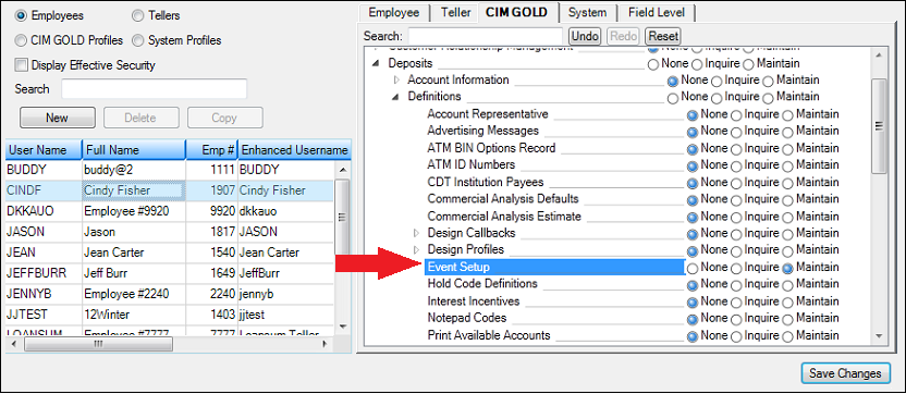 CIM GOLD > Security > Setup, CIM GOLD Tab