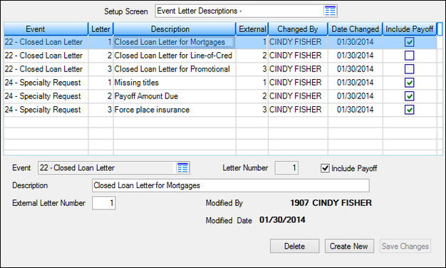 Loans > System Setup Screens > Event Letter Descriptions Screen