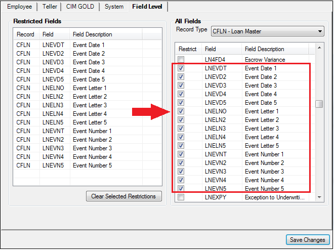 CIM GOLD > Security > Setup, Field Level Tab