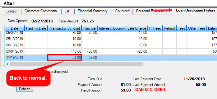 After: Loans > Marketing and Collections Screen > Loan Disclosure History Screen