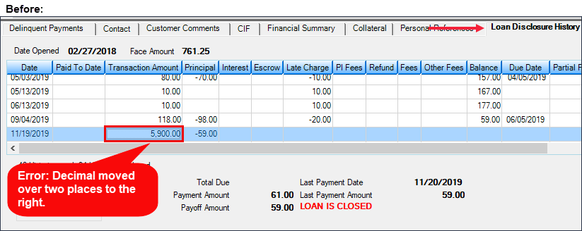 Before: Loans > Marketing and Collections Screen > Loan Disclosure History Screen