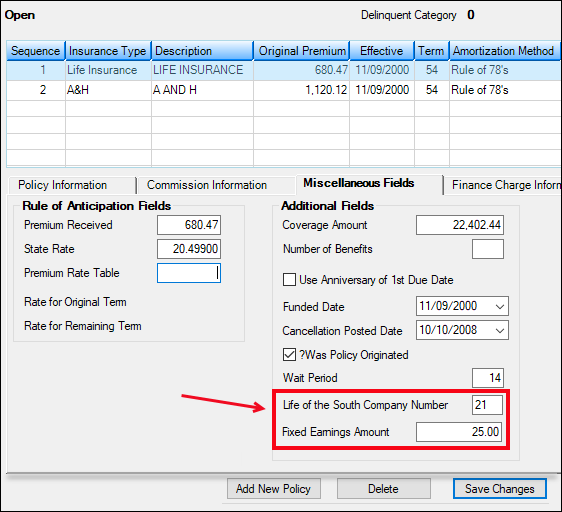 Loans > Insurance > Policy Detail Screen > Miscellaneous Fields Tab