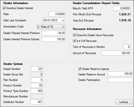 Dealer Information on the Loan > Account Information > Dealer Information Screen