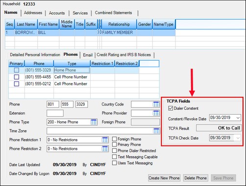 Figure 1: Customer Relationship Management > Households Screen > Phones Tab (Click to expand.)