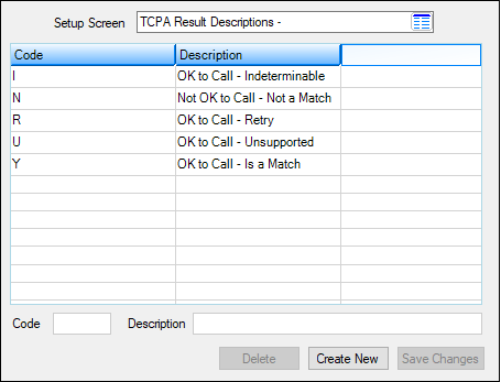 Figure 2: Loans > System Setup Screens > TCPA Result Descriptions Screen