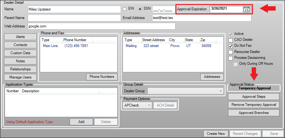 Approval Expiration Field on the Dealer System > Dealers Screen