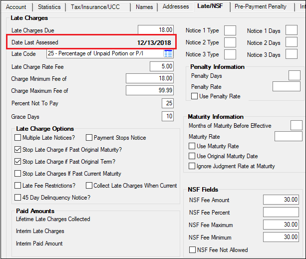 Loans > Account Information > Account Detail Screen > Late/NSF Tab