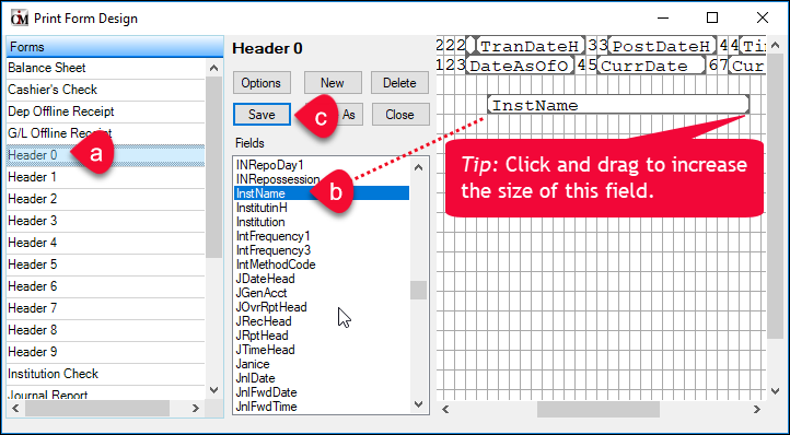 CIM GOLDTeller > Functions > Administrator Options > Print Form Design Screen