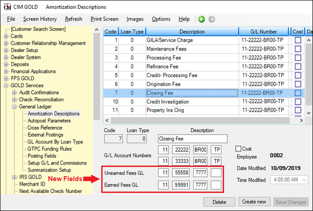 GOLD Services > General Ledger > Amortization Descriptions Screen