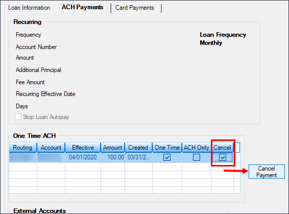 Figure 1: Loans > Account Information > Payment Information Screen