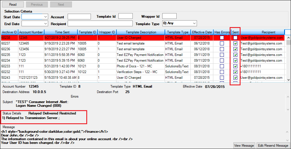 New Sent Column and Status Details on the Notification System > Archive Manager Screen