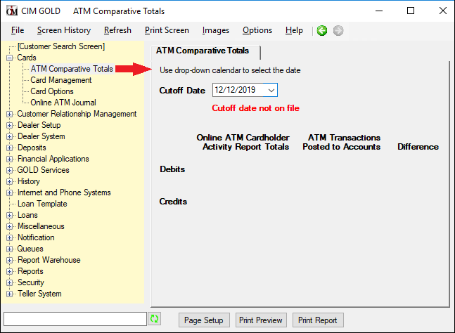 Cards > ATM Comparative Totals Screen