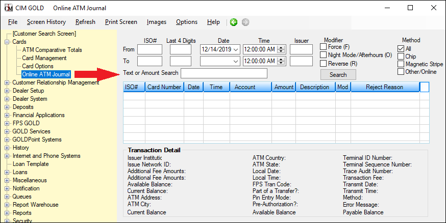 Cards > Online ATM Journal Screen (Screen modified for readability width)