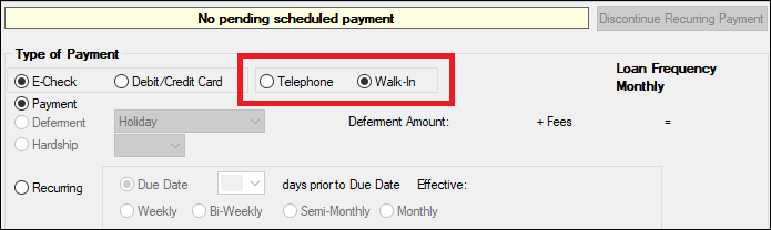 Figure 1: New Telephone and Walk-In radio buttons on the EZPay screen