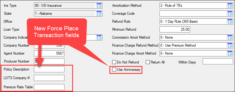 Loans > Systems Setup Screens > Force Place Transaction Info Screen