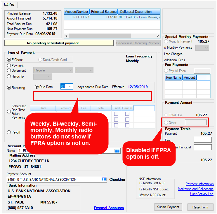 Loans > Transactions > EZPay Screen if Instiution Option FPRA is Off