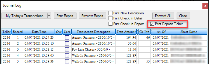 Figure 1: Print Deposit Ticket Checkbox