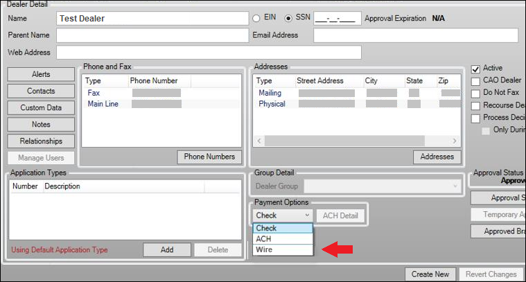 New Wire Option in the Payment Options Drop-down Field