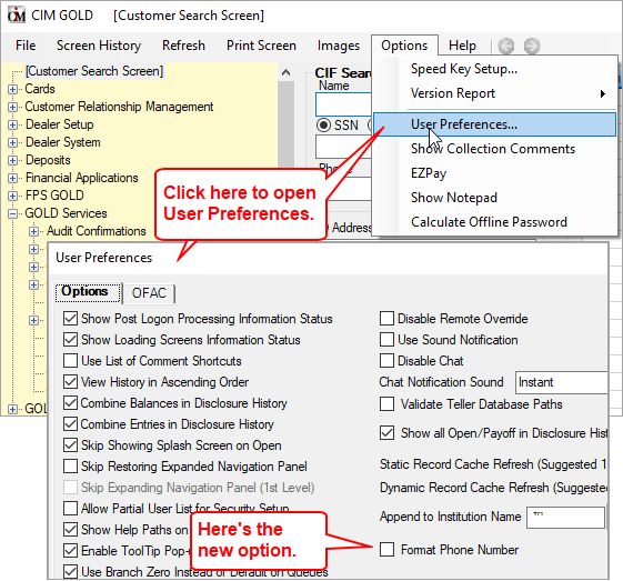 Under the Options menu at the top of CIM GOLD, select "User Preferences"