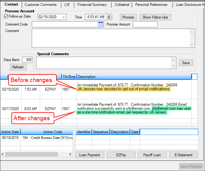 Figure 3: Loans > Marketing and Collections Screen > Contact Tab