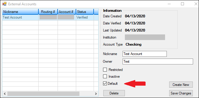 New Default Checkbox on the External Accounts Screen