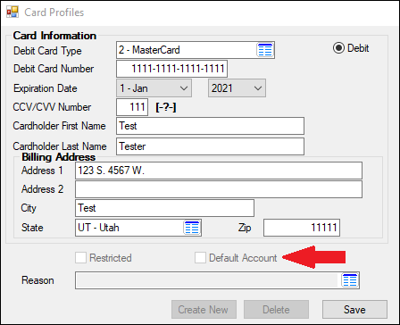 New Default Account Checkbox on the Card Profiles Screen