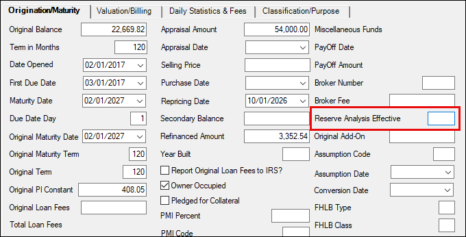 Loans > Account Information > Additional Loan Fields Screen > Origination Maturity Tab