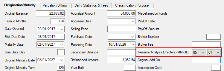 Loans > Account Information > Additional Loan Fields Screen > Origination Maturity Tab