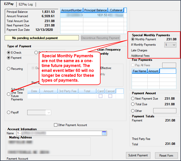 Loans > Transactions > EZPay Screen