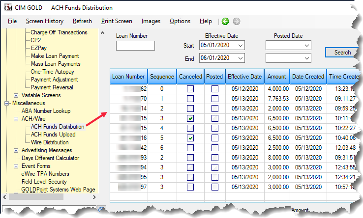 Figure 2: Miscellaneous > ACH/Wire > ACH Funds Distribution Screen