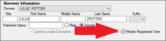 New Mobile Registered User checkbox on the Loans > Marketing and Collections > CIF tab
