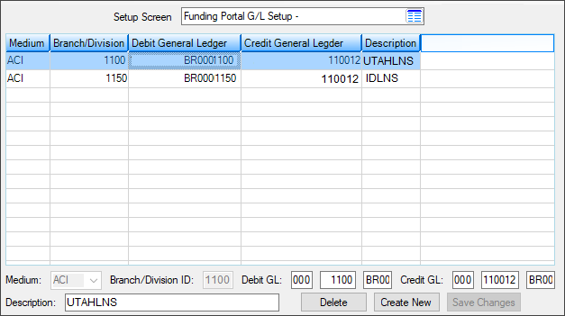 Loans > System Setup Screens > Funding Portal G/L Setup Screen